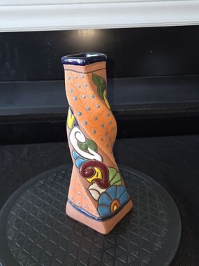 Hand-Painted Decorative Ceramic Vase in Terracotta with Multicolor Floral Motif